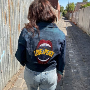 Womens Glam Denim Jacket, Lurex, Stretch Blue, Love and Peace Embroider.