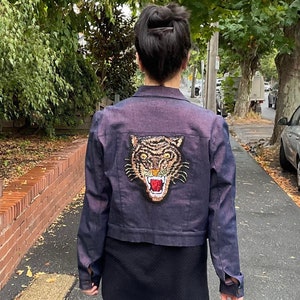 Womens Glam Denim Jacket, Lurex, Cotton Stretch Red, Sequin Tiger Motif