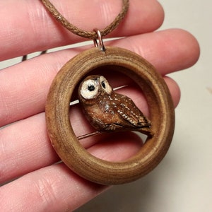 Wooden owl pendant, tawny owl figurine, owl ornament pendant, hand-carved owl, tawny owl art, owl collectors gift, handmade owl gift