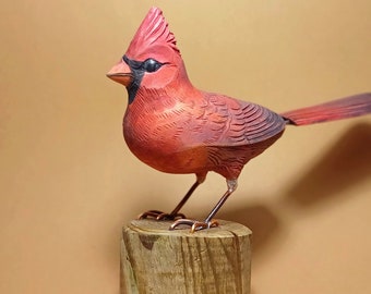 Hand Carved Red Cardinal Sculpture, Kinetic Basswood Figurine, Christmas Gift for Birdlovers, Bird Gift for Birthday, Bird Collection