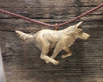 Hand Carved Boxwood Wolf Pendant: Animal Art Necklace