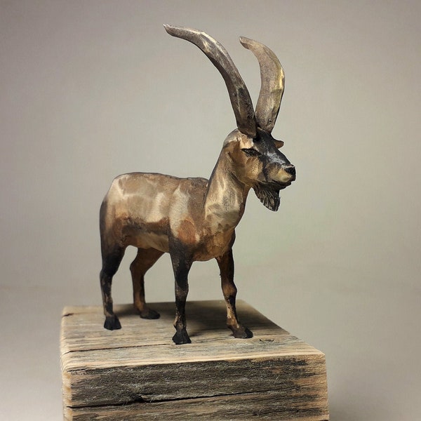 Wild goat sculpture, mountain goat, wooden animal, detailed animal figurine, bezoar goat, wooden goat, goat carving, animal gift