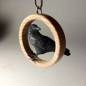 Hand-Carved Wooden Raven Pendant: Halloween Crow Ornament