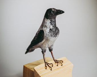 Crow figurine, halloween gift, hooded crow art, crow lovers gift, bird sculpture, crow statue, handmade crow