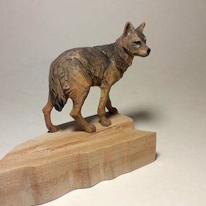 Jackal sculpture, wooden animal figurine, golden jackal, hand carved animals, gift for animal lovers, wood working art, jackal wood carving