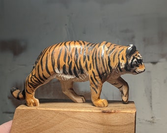 Tiger sculpture, wooden tiger figure, tiger gift, animal collection, unique carvings, wooden animal, walking tiger