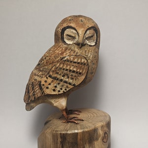 Hand-carved wooden owl figurine, rustic owl sculpture, artisan owl decor, wildlife collectible, handmade owl gift, woodland home decor