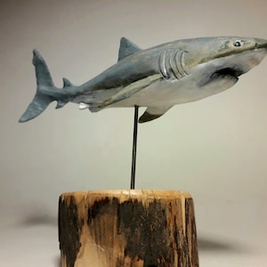Shark sculpture, wooden shark figurine, fish collectors, hand carved fish, animal artwork, great white shark, white shark gift, shark art