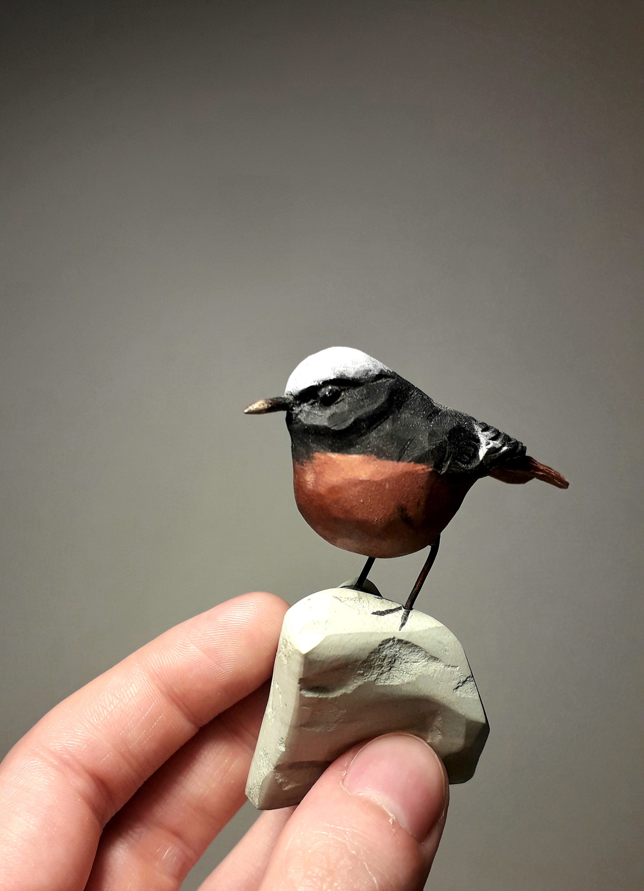 Hand-Carved Wooden Redstart Bird Figurine, Realistic Wildlife Sculpture, Wood Rustic Art Decor