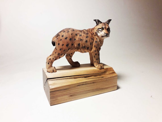 Lynx Wooden Sculpture Bobcat Figurine Handmade Wild Cat Figurine