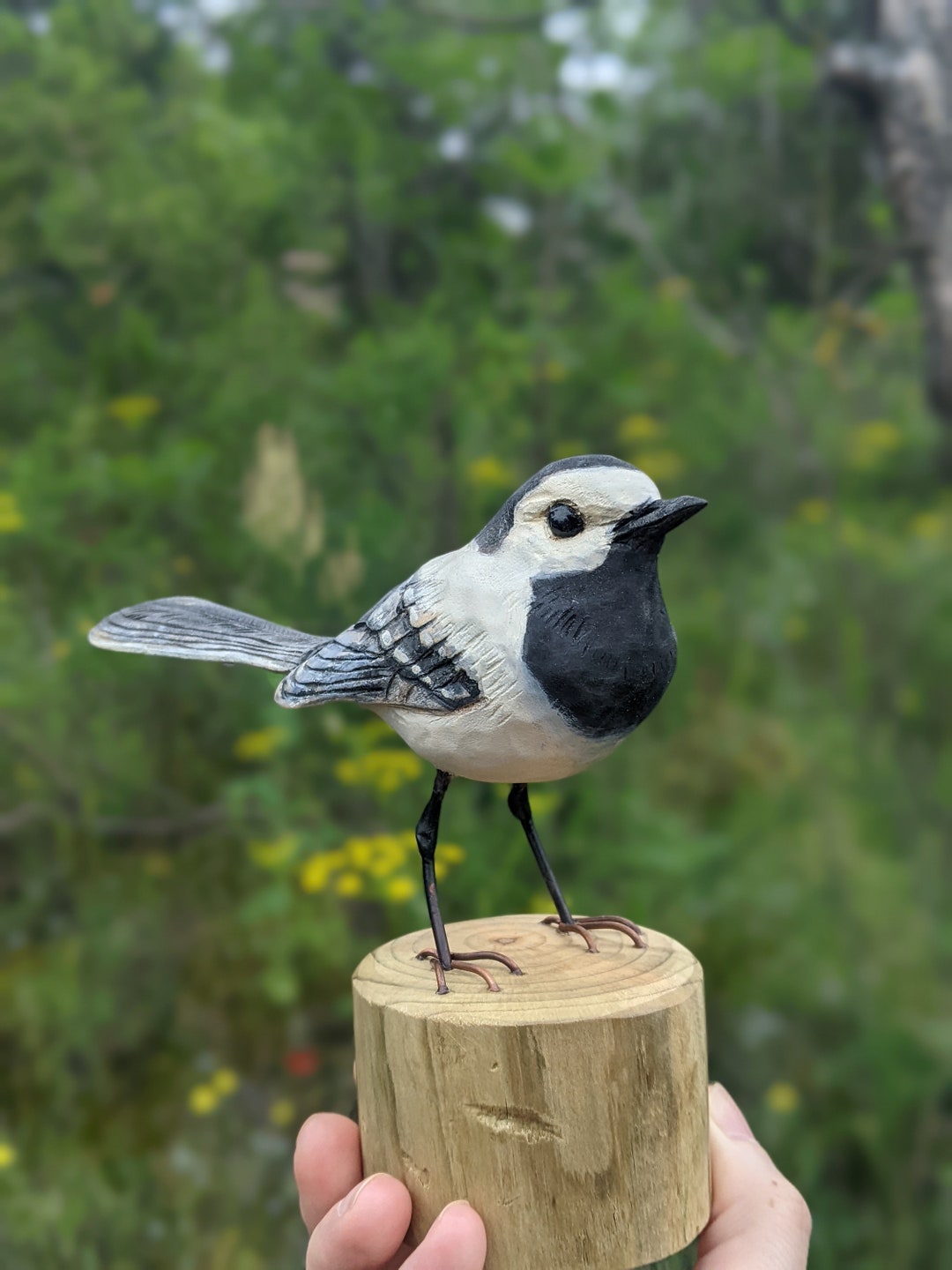 Wooden Little Bird, Handcarved Birds, Wagtail Sculpture, Realistic