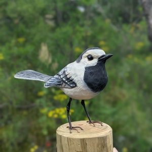 Hand-Carved Wooden Wagtail Sculpture with Kinetic Tail