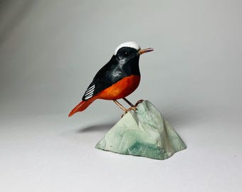 Hand-Carved Wooden Redstart Bird Figurine, Realistic Wildlife Sculpture, Wood Rustic Art Decor