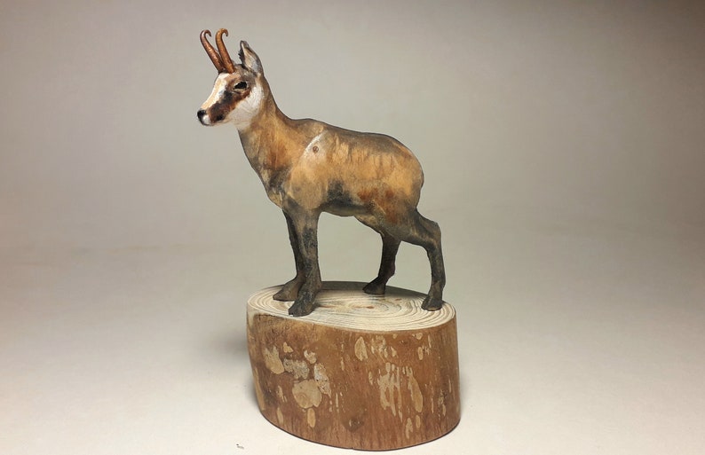 Chamois sculpture, wooden chamois, animal carving, handmade chamois, mountain goat, animal gift, chamois figurine, animal collectible image 1