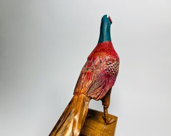 手彫りのキジの彫刻、精巧な鳥の置物、銅製の尾、野生動物のアート