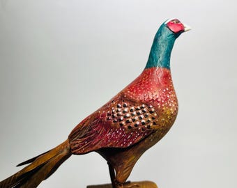 手彫りのキジの彫刻、精巧な鳥の置物、銅製の尾、野生動物のアート