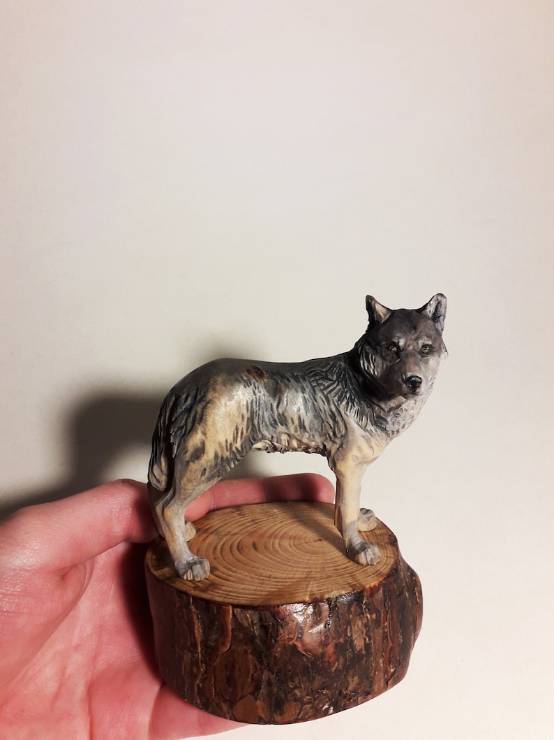 Gray Wolf Wooden Figurine Wooden Wolf Sculpture Handcarved Etsy
