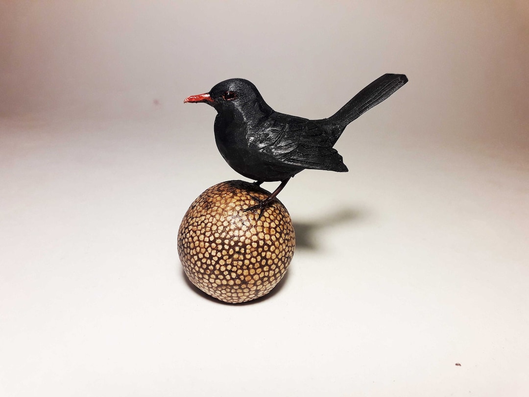 Hand Carved Blackbird Sculpture, Reclaimed Wood Base, Collector