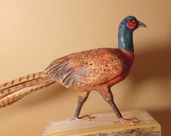 Pheasant sculpture, wooden pheasant, bird carvings, gift for birder, pheasant art, bird sculpture, animal art, bird statue, bird gift