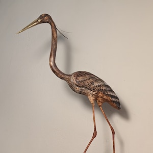 Hand Carved Wooden Heron Figurine: Basswood & Reclaimed Wood