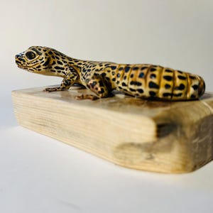 Könnte beinhalten: Eine handgeschnitzte Holzskulptur eines Leopardgeckos mit einer detaillierten und realistischen Darstellung der Schuppen und Markierungen des Geckos. Der Gecko sitzt auf einem kleinen Holzsockel.
