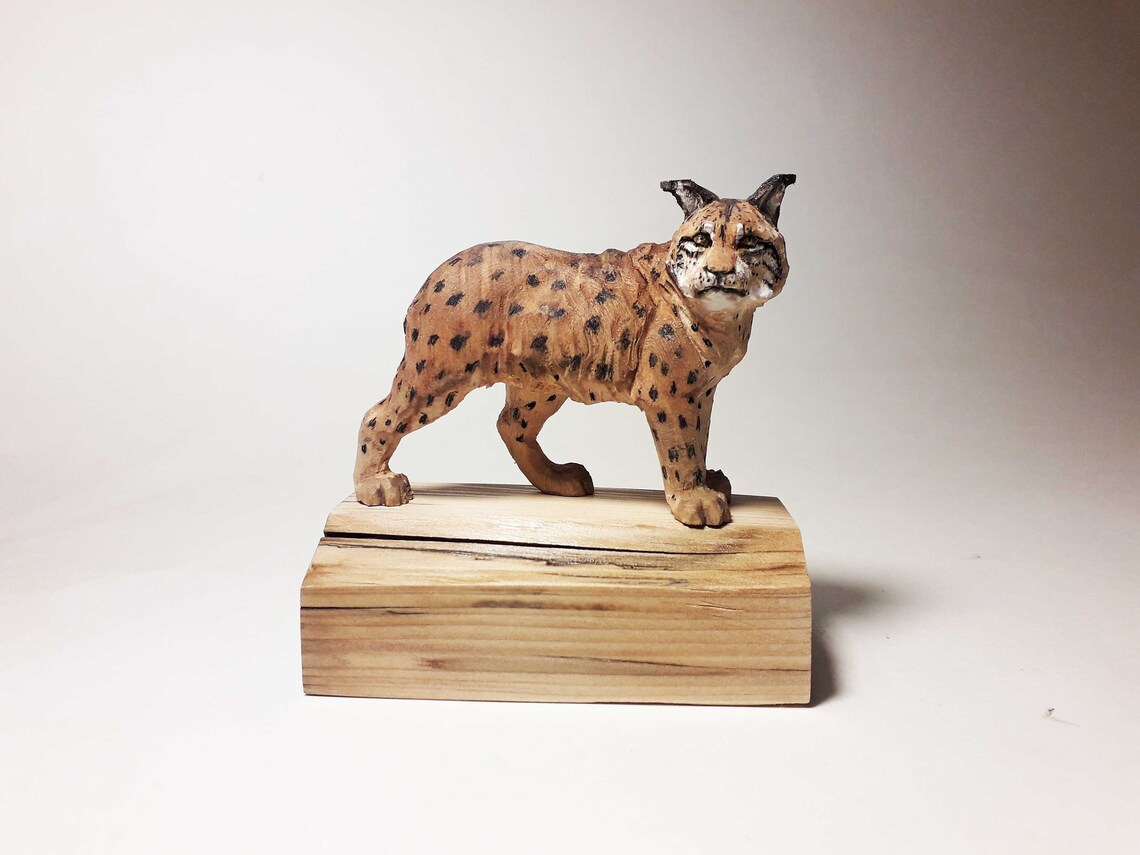 Lynx Wooden Sculpture Bobcat Figurine Handmade Wild Cat Etsy