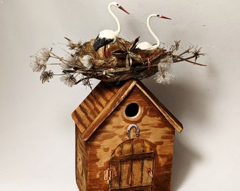 Perfect Gift for the Bird and Nature Lovers, white stork figurine, wooden handmade house, animal collection, hand-carved figurine