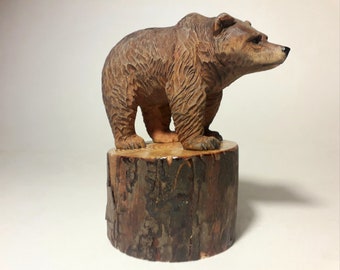 Hand Carved Wooden Brown Bear Sculpture: Wildlife Collectible