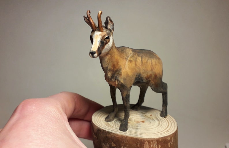 Chamois sculpture, wooden chamois, animal carving, handmade chamois, mountain goat, animal gift, chamois figurine, animal collectible image 7