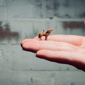 Könnte beinhalten: Eine kleine, braune Wolfsfigur in einer heulenden Pose. Die Miniatur-Skulptur wird in einer Handfläche gehalten, um ihre Größe und Details zu zeigen. Der Wolf hat eine kleine Schlaufe zum Aufhängen.