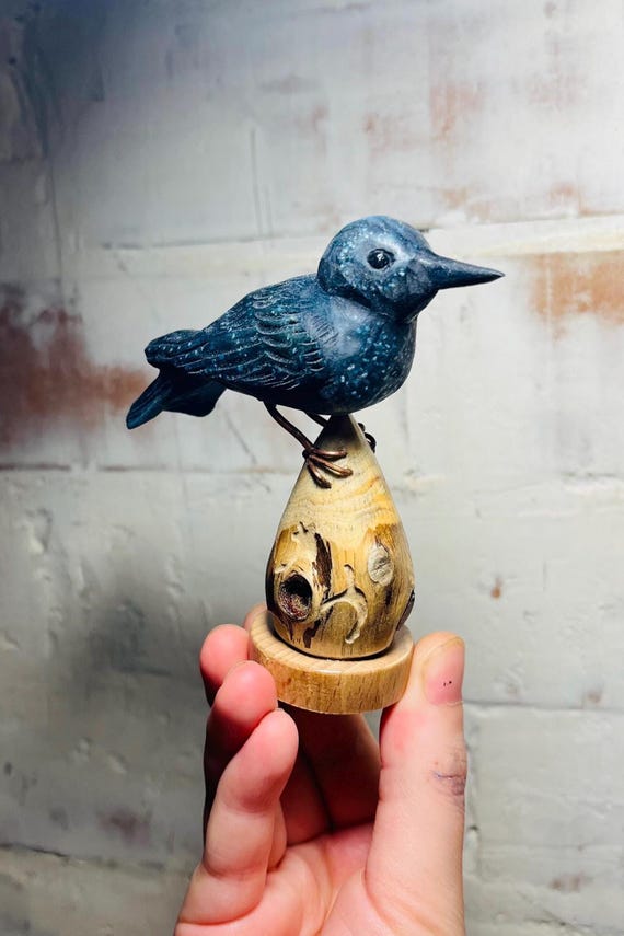 鳥好きのための青い鳥の彫刻、手作りの青い岩ツグミの置物、ミニチュア 