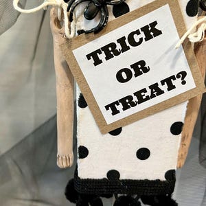 May include: A white and black polka dot fabric doll with a brown sign that says "Trick or Treat?" and a black spider on top. The doll has black pom-poms at the bottom.