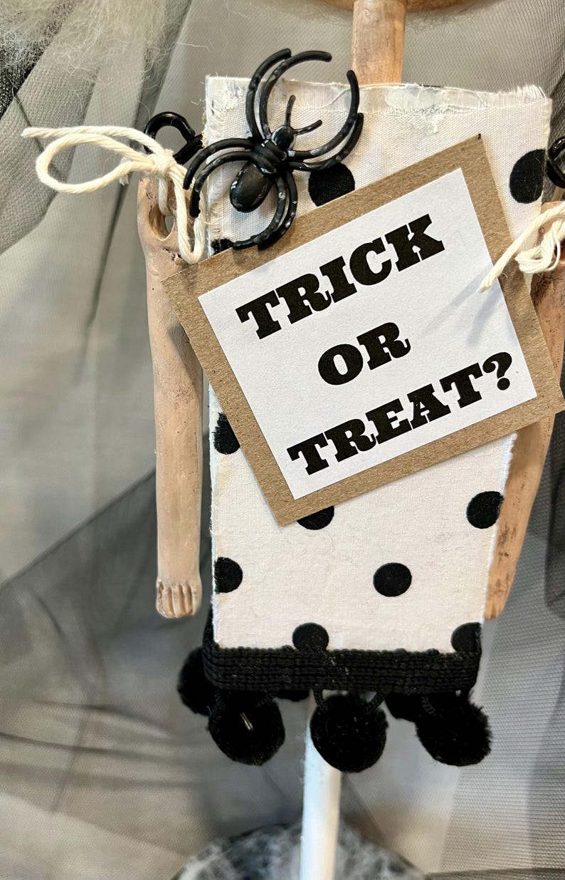 May include: A white and black polka dot fabric doll with a brown sign that says "Trick or Treat?" and a black spider on top. The doll has black pom-poms at the bottom.