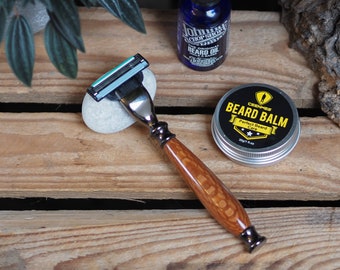 Mach 3 or Fusion razor handle made from a beautiful piece of London Plane wood. Wooden razor.