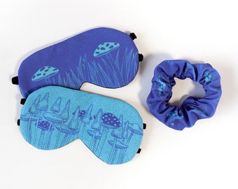 Sleeping mask set with scrunchie, royal blue, mushroom scrunchie, eye mask, relaxation, travel