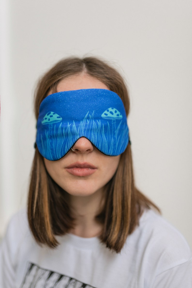 Blue mushroom mask, Adjustable sleep mask, mushroom accessories, Electric Blue sleep mask, travel mask image 2