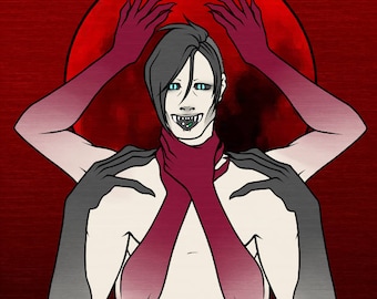 May include: A digital illustration of a person with a pale complexion and black hair. The person has four arms, two of which are red and two of which are black. The person is wearing a red scarf and has a large, open mouth with sharp teeth. The person's torso is open, revealing a skeletal spine. The background is a red gradient with a large red circle in the center.