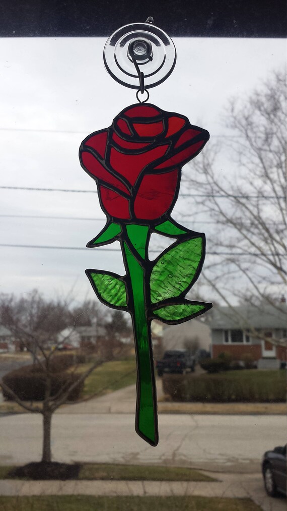 Stained Glass handmade long stem bright red rose Sun-catcher