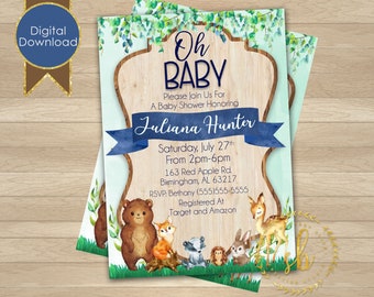 Woodland Baby Shower Invitation, Baby Shower Invite, Forest Animals, Woodland Animals, Woodland Creatures, Baby Boy Shower, Rustic Baby