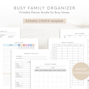 Op de afbeelding: Een printbare plannerbundel voor drukke gezinnen, met een inpaklijst voor reizen, een takenlijst, noodcontacten, een weekplanning, een maaltijdplanning en een maandplanner. De sjablonen zijn bewerkbaar in Canva en zijn direct te downloaden.