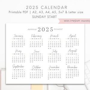 2025 Year Calendar Printable, SUNDAY Start, Year Overview 2025, One ...