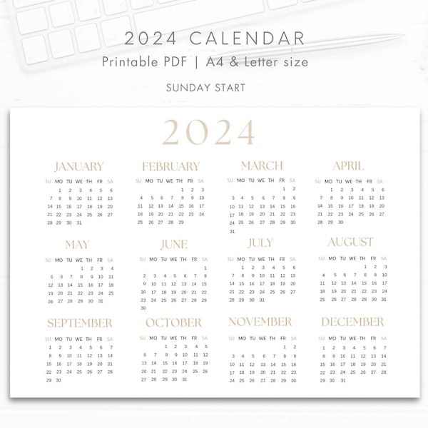 2024 Year Calendar Printable, SUNDAY Start, Year Overview 2024, One Page Calendar, Minimalist, A4/Letter Landscape, Digital PDF