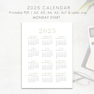 2025 Year Calendar Printable, MONDAY Start, Year Overview 2025, One Page Calendar, Minimalist, Portrait Format , Digital PDF