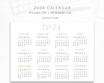 Calendrier de l'année 2024 imprimable, début du dimanche, aperçu de l'année 2024, calendrier d'une page, minimaliste, paysage A4/lettre, PDF numérique