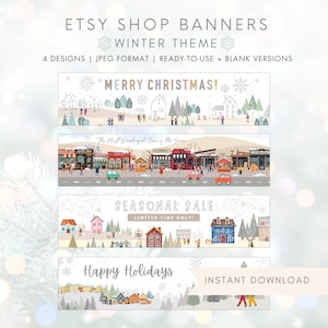 May include: Etsy shop banners with a winter theme. Four designs are shown, each with a different winter scene. The banners include text that reads "Merry Christmas!", "The Most Wonderful Time of the Year", "Seasonal Sale", and "Happy Holidays".
