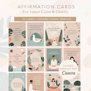 Tarjetas de Afirmaciones de Calma Editables, Afirmación Diaria de Atención Plena y Positividad, Descarga Digital Instantánea