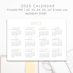 2025 Year Calendar Printable, MONDAY Start, Year Overview 2025, One Page Calendar, Minimalist Aesthetic, Landscape Format , Digital PDF