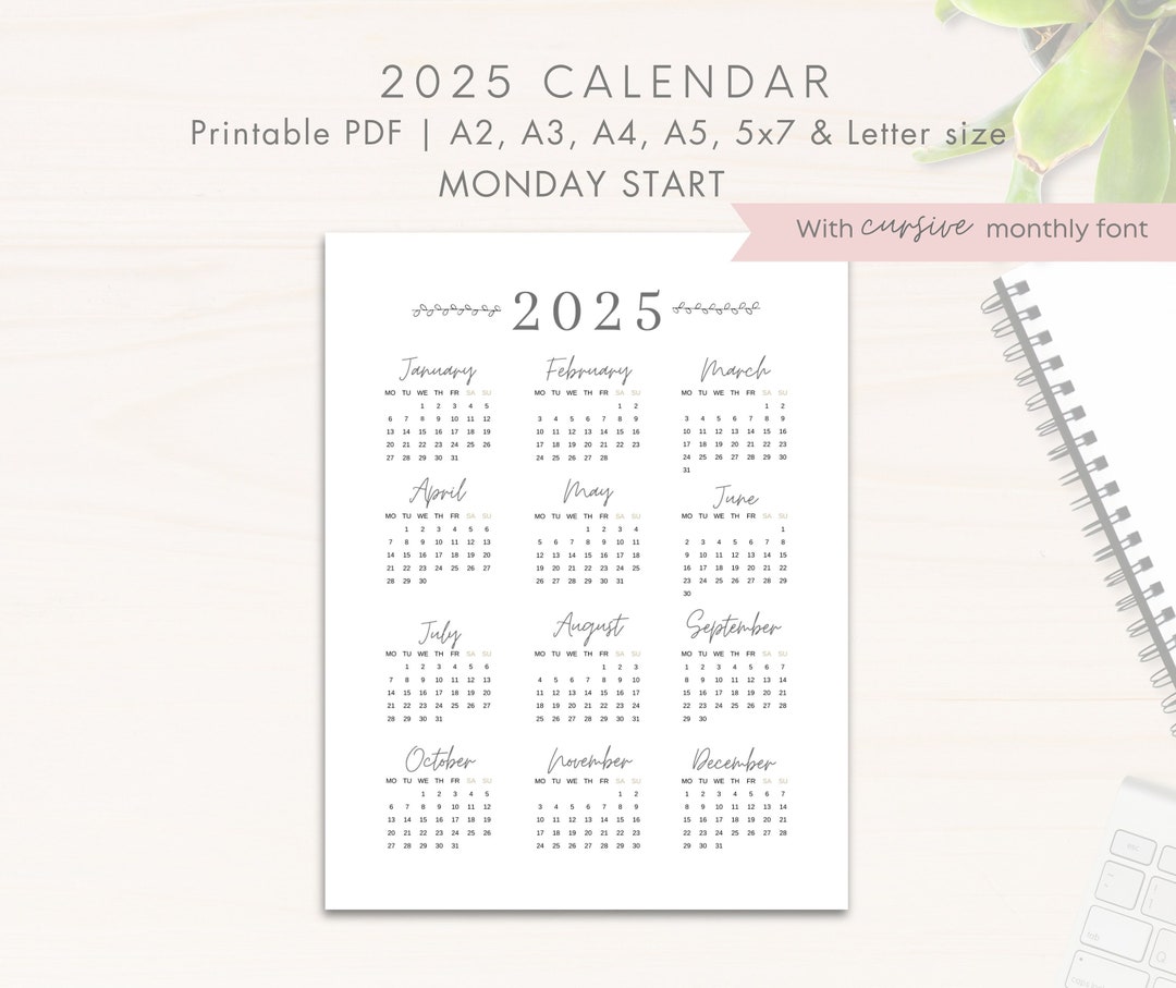 2025 Year Calendar Printable, MONDAY Start, Year Overview 2025, One ...