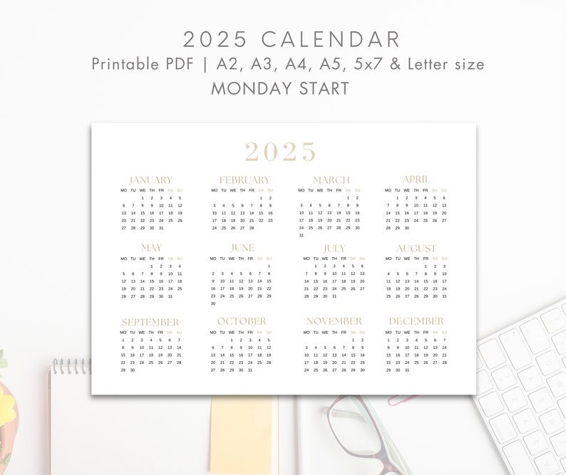 2025 Year Calendar Printable, MONDAY Start, Year Overview 2025, One ...