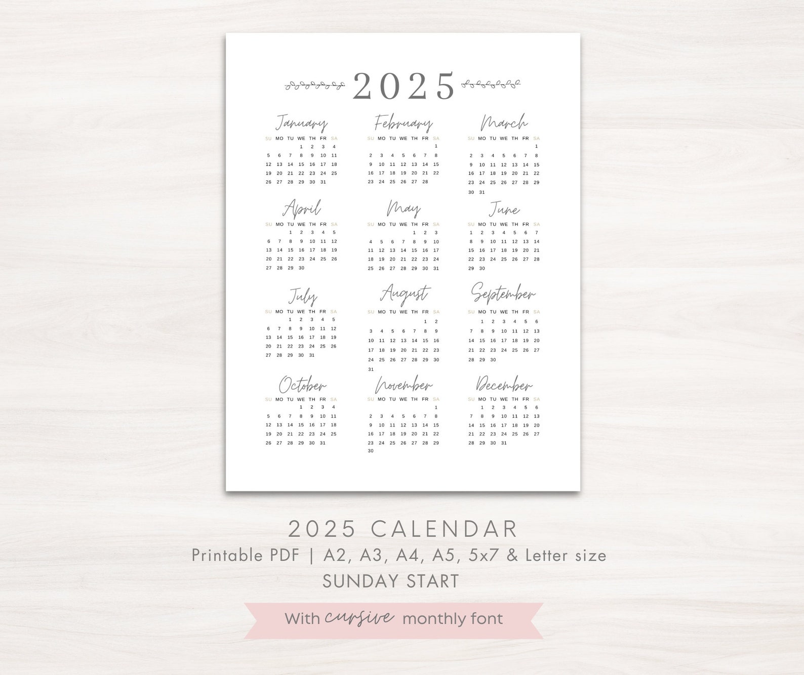 2025 Year Calendar Printable, SUNDAY Start, Year Overview 2025, One ...